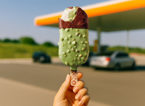 Magnum pistache ijsje dat wordt vastgehouden voor een energystation