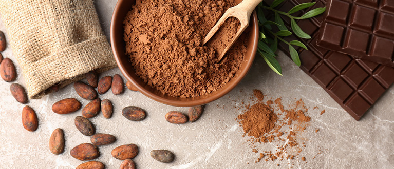 bak met cacao poeder en chocoladereep erlangs