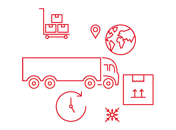 icons met een vrachtwagen, pakketen en een wereldbol